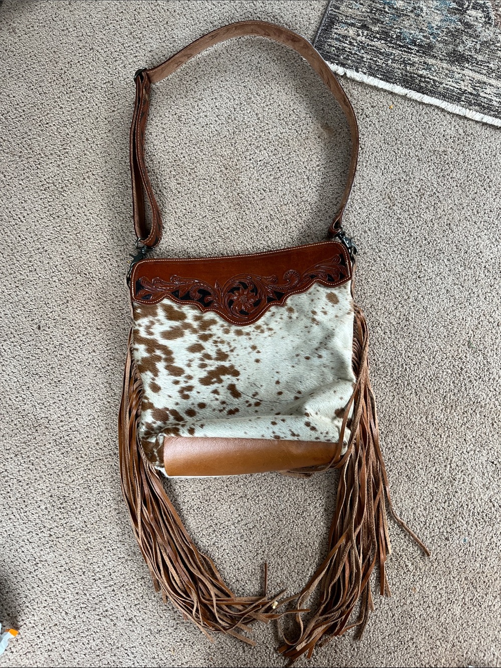 Myra Bag Brown and White Fringe Cowhide Crossbody